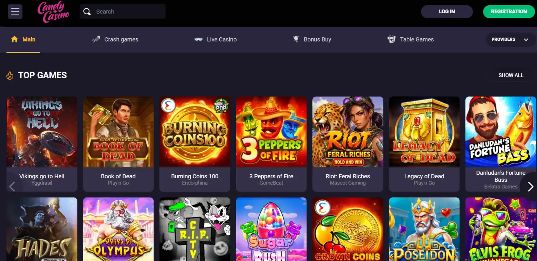 Candy Casino homepage interface showing game categories and navigation