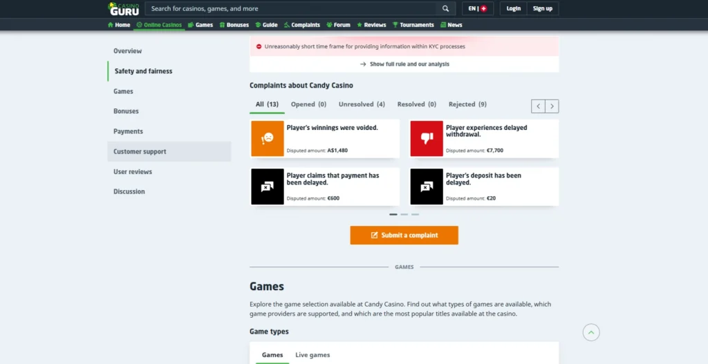 Candy Casino complaint status summary on Casino Guru