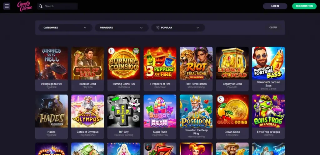 Candy Casino game lobby and category navigation