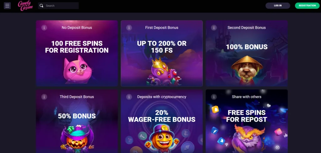 Candy Casino promotions page showing current offer cards