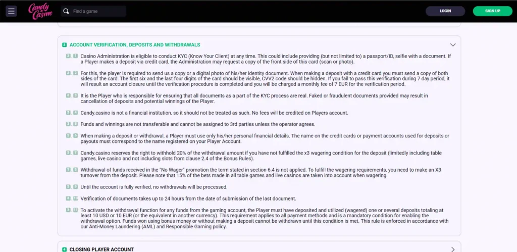 Candy Casino terms covering withdrawal and verification requirements