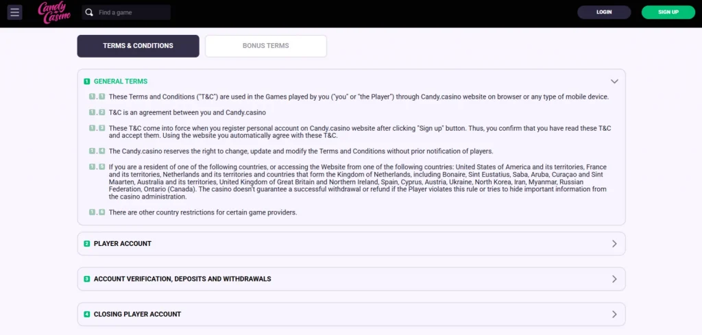 Candy Casino terms showing the Australia restriction