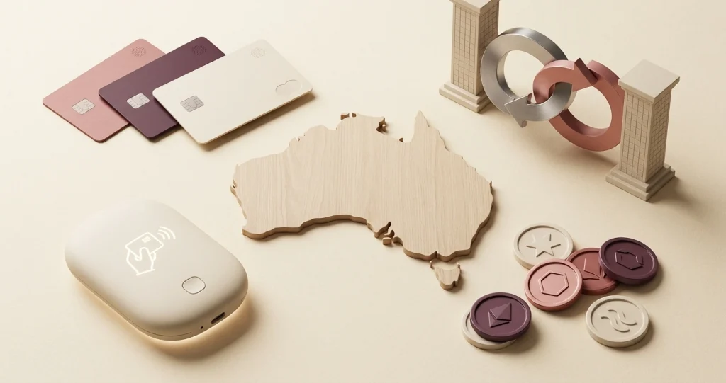 Editorial illustration of cards, e-wallets, PayID and crypto in an Australian payment context